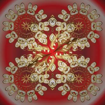 Golden pattern on beige and red colors with golden elements. Ornate vector decor Stock Illustration