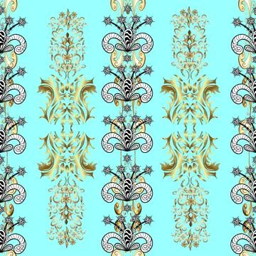 Golden pattern on a black, blue and white colors with golden elements. Ornate de Illustrazione stock