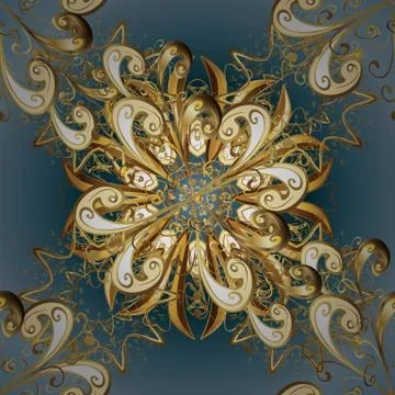 Golden pattern on blue and beige colors with golden elements. Seamless damask pa Illustrazione stock