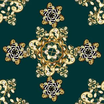 Golden pattern on blue, brown and yellow colors with golden elements. Seamless d Stockillustratie