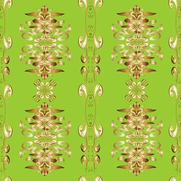 Golden pattern on brown, beige and green colors with golden elements. Seamless g イラスト素材