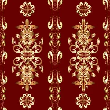 Golden pattern on brown, beige and red colors with golden elements. Seamless cla Illustrazione stock