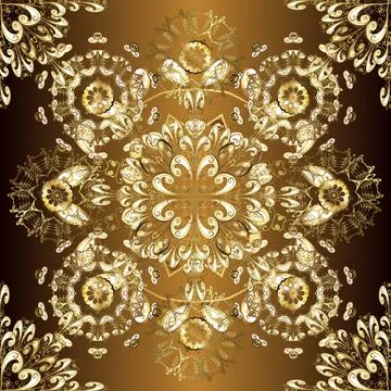 Golden pattern on brown, beige and yellow colors with golden elements. Seamless イラスト素材