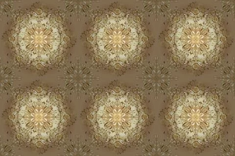 Golden pattern on brown, beige and yellow colors with golden elements. Seamless 스톡 일러스트