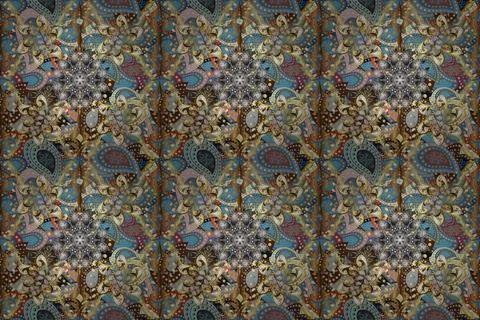 Golden pattern on brown, gray and blue colors with golden elements. raster orien Stock Illustration