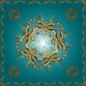Golden pattern on brown, neutral and blue colors with golden elements. Ornate ve Stock Illustration