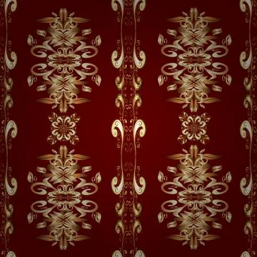 Golden pattern on brown, red and beige colors with golden elements. Flat hand dr イラスト素材
