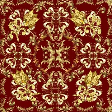 Golden pattern on brown, red and yellow colors with golden elements. Vector orie Stock Illustration
