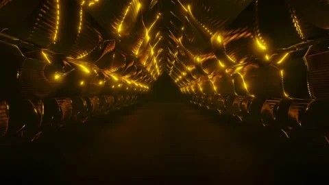 Golden pattern frame is flying through the darkness corridor.,4К Background. Stock Footage 157798939
