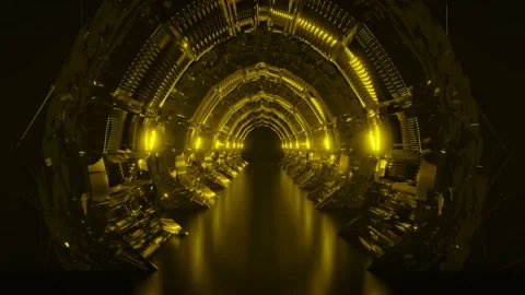 Golden pattern frame is flying through the darkness corridor.,4К Background. Stock Footage 157818685