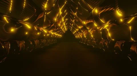 Golden pattern frame is flying through the darkness corridor., 3D Rendering Stock Illustration