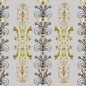 Golden pattern on gray, white and beige colors with golden elements. Backdrop, f Stock Illustration