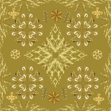 Golden pattern on green, neutral and yellow colors with golden elements. Damask Stock Illustration