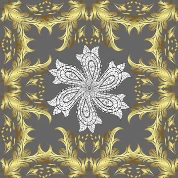 Golden pattern on neutral, gray and yellow colors with golden elements. Seamless Illustration