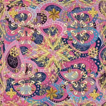 Golden pattern on a pink, neutral and blue colors with golden elements. Ornate d Illustrazione stock