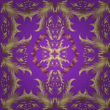Golden pattern on yellow, neutral and violet colors with golden elements. Seamle 스톡 일러스트