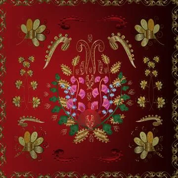 Golden pattern on yellow, red and brown colors with golden elements. Seamless go Stock Illustration