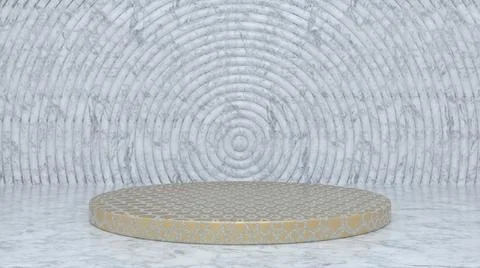 Golden patterned marble podium and abstract geometry background. Round podium Illustrazione stock