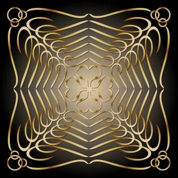 Golden patterns on black background with golden glow in middle. illusion of Stock Illustration