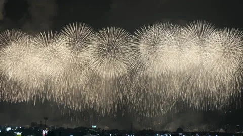 Golden Phoenix Fireworks Display over Nagaoka City during Festival in Japan Stock Footage 337421827