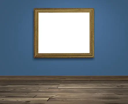 Golden picture frame on Colored wall and brown wooden floor Stock Illustration