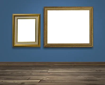 Golden picture frame on Colored wall and brown wooden floor Stock Illustration