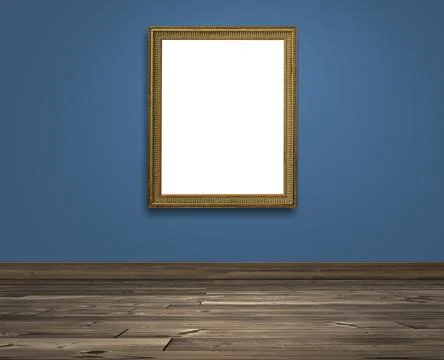 Golden picture frame on Colored wall and brown wooden floor Stock Illustration