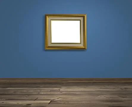 Golden picture frame on Colored wall and brown wooden floor Stock Illustration