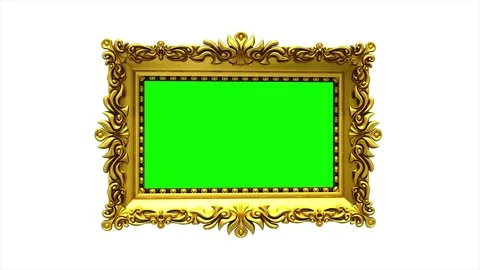 Golden picture frame rotates quickly on white, tv noise, chroma key Stock Footage 85085943