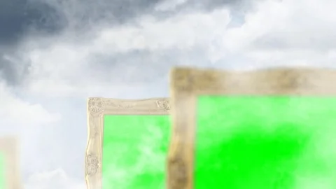 Golden picture frames with green screen background fly by Stock Footage 73939278