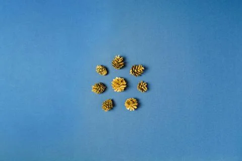 Golden pine cones in circle in center on blue background Stock Photos