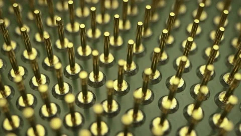 Golden pins of computer CPU or central processor unit, macro shot Stock Footage 156957575