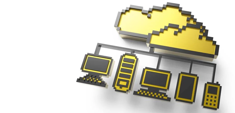 Golden pixel cloud network icon sign Illustrazione stock