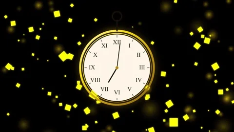 Golden pocket watch clock animation with falling confetti loop Stock Footage 347404341