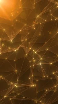 Golden polygon network with connected nodes and lines, abstract data commun.. Illustrazione stock