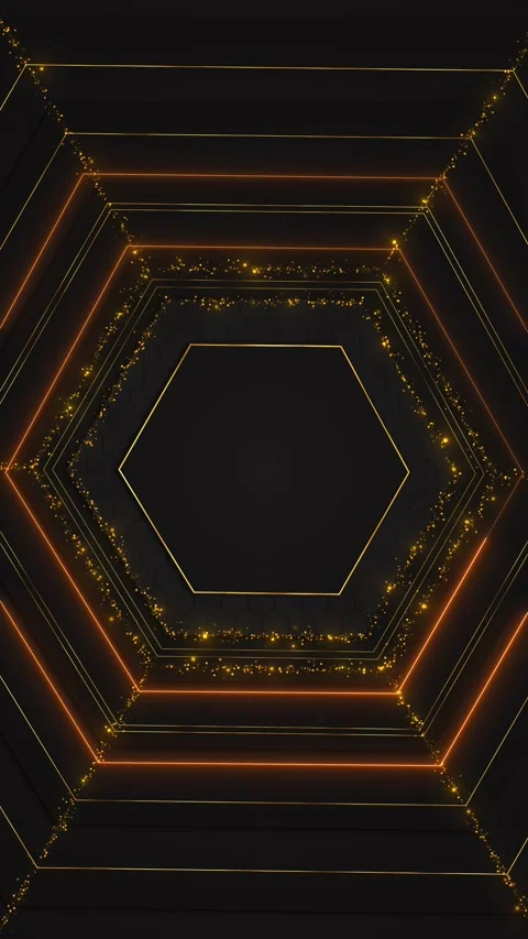Golden polygon tunnel visual layered hexagon outlines, dark center space, light Stock Footage 340470467