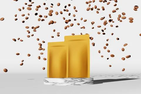 Golden pouch bag mockup falling coffee beans marble podium white background 3 Stock Illustration