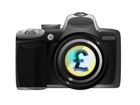 Golden pound coin in camera focus ready to snapshot isolated vector illustration Stock Illustration