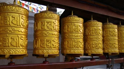 Golden prayer wheels from the Buddhist temple Swayambhunath Stupa. Stock Footage 285695319