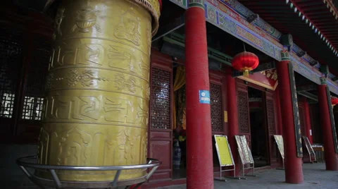 Golden prayer wheels in temple Stock Footage 35839787