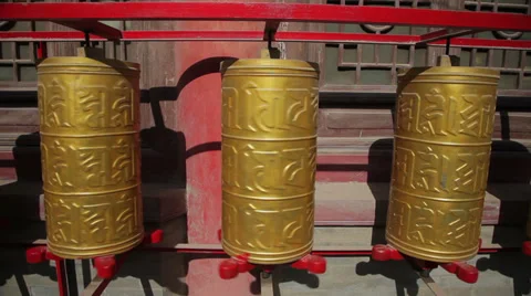 Golden prayer wheels in temple Stock Footage 35841466
