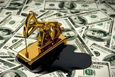 Golden Pumpjack And Spilled Oil On The Money Stock Photos