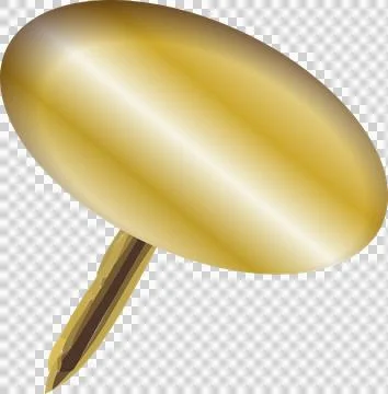 Golden pushpin floating at angle in 3D showing reflective sheen, transparent Stock Illustration