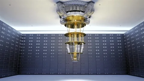 Golden quantum computer machine hanging in room 4k footage Stock Footage 310868110