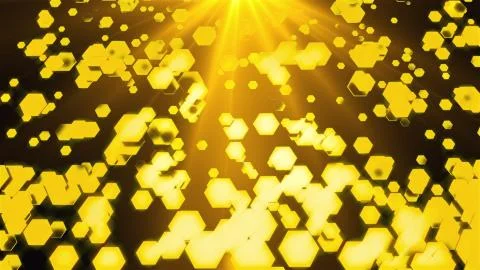 Golden rain of round particles with rays of light, 3D rendering. Computer Stockillustratie