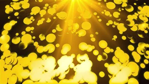 Golden rain of round particles with rays of light, 3D rendering. Computer 스톡 일러스트
