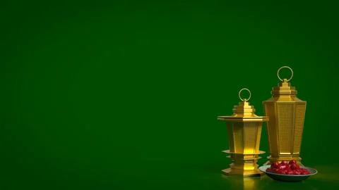 Golden Ramadan Lanterns with Dates on Green Background 3d render. Stock Illustration
