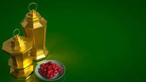 Golden Ramadan Lanterns with Dates on Green Background 3d render. Stock Illustration