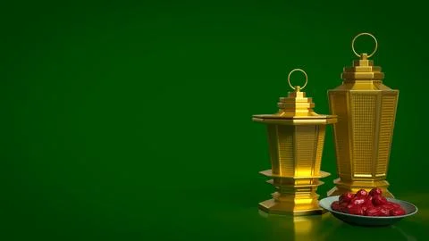 Golden Ramadan Lanterns with Dates on Green Background 3d render. Stock Illustration