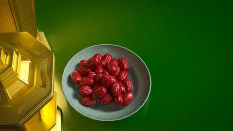 Golden Ramadan Lanterns with Dates on Green Background 3d render. イラスト素材